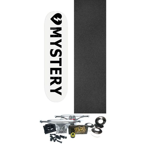 Mystery Skateboards Logo White Skateboard Deck - 8.5" x 32.5" - Complete Skateboard Bundle